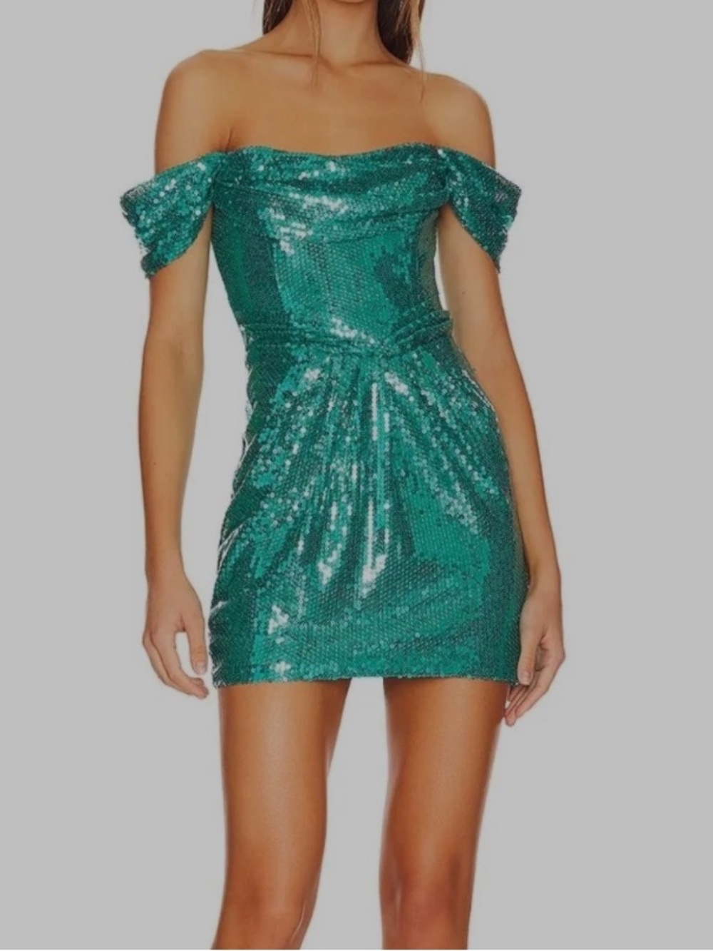 NBD Off-Shoulder Sequin Mini Dress in Emerald Green